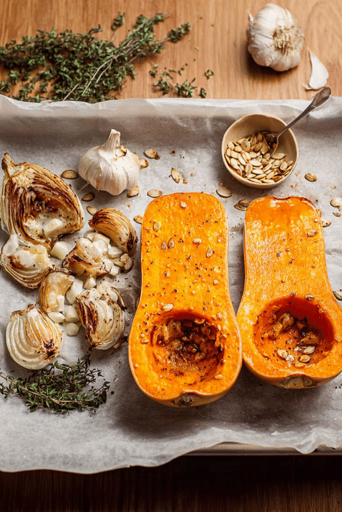 roasted butternut squash with onions and garlic for halloween food prep