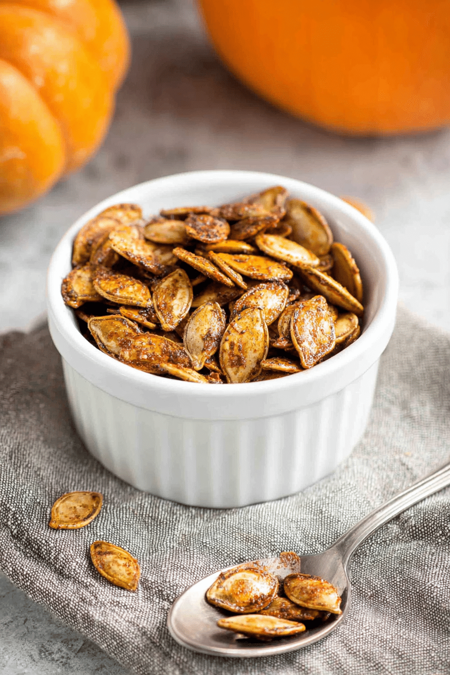 Pumpkin seeds recipe with roasted golden seeds in a white bowl and spoon on rustic cloth with pumpkin background.