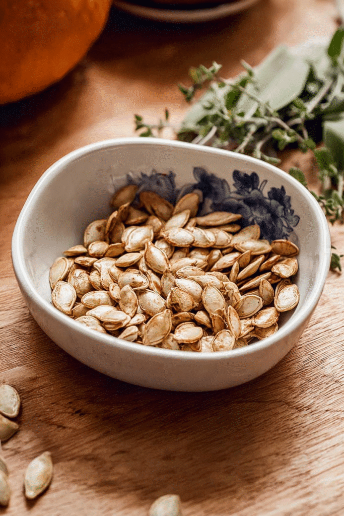 roasted squash seeds in a bowl for halloween snack recipe