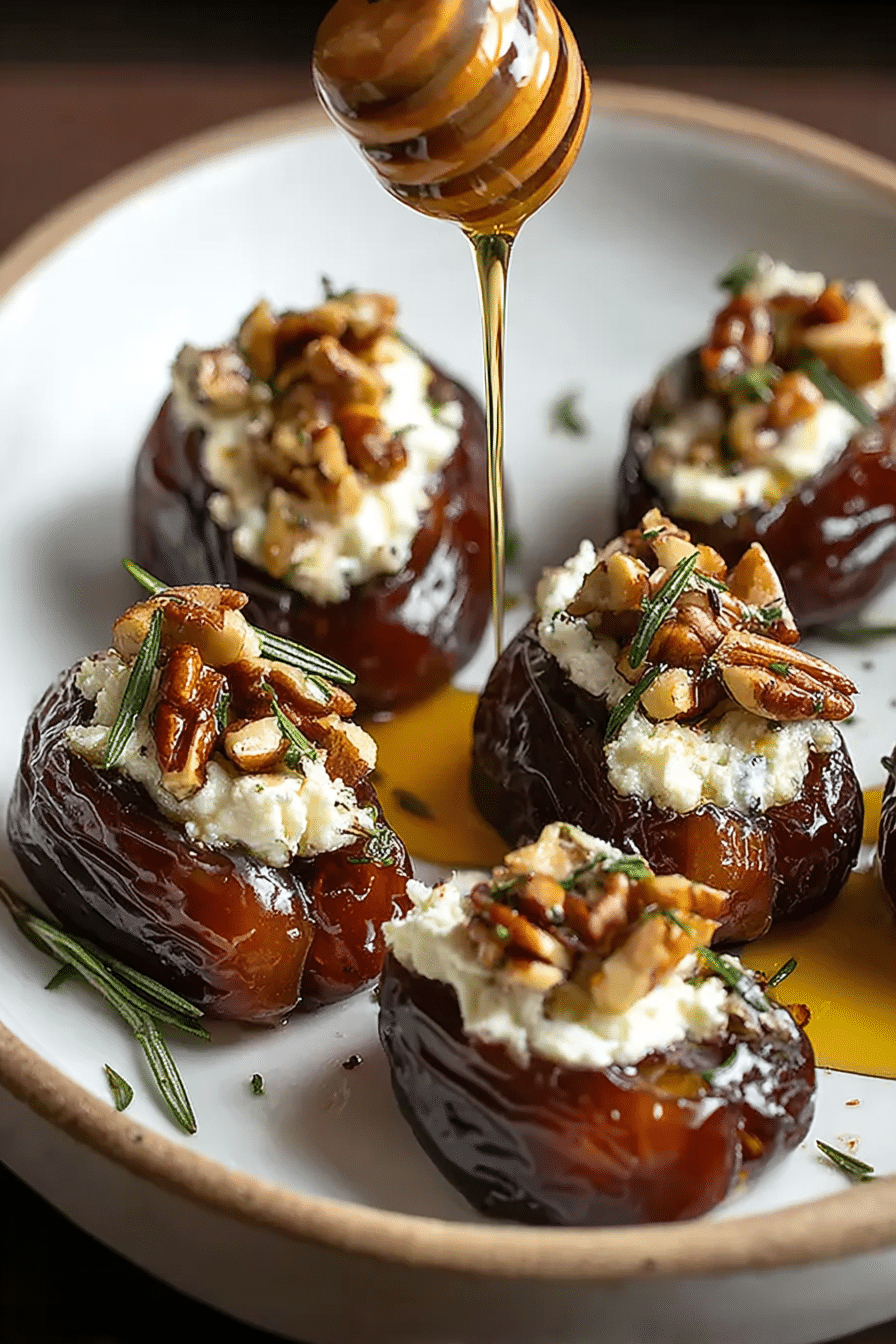 Roasted stuffed dates with ricotta, pecans, rosemary, and honey drizzle on a ceramic plate.