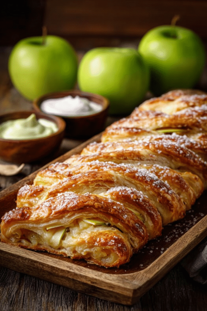 Apple puff pastry with cream cheese and apples on a wooden tray with green apples