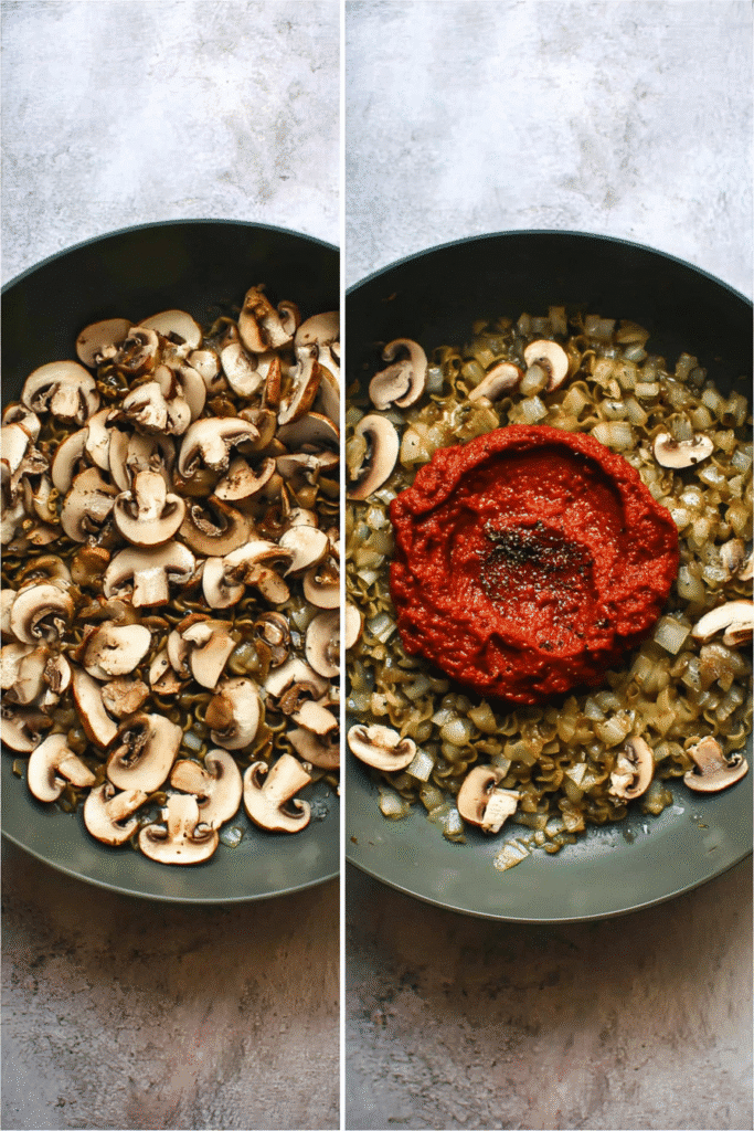 Step-by-step cooking mushrooms, onions, and adding tomato paste for pumpkin pasta bake sauce.