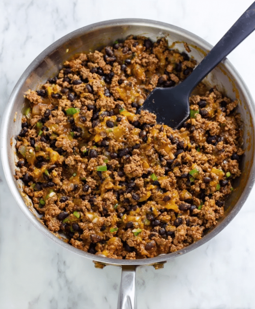 Seasoned beef and black bean enchilada filling in a stainless steel skillet.