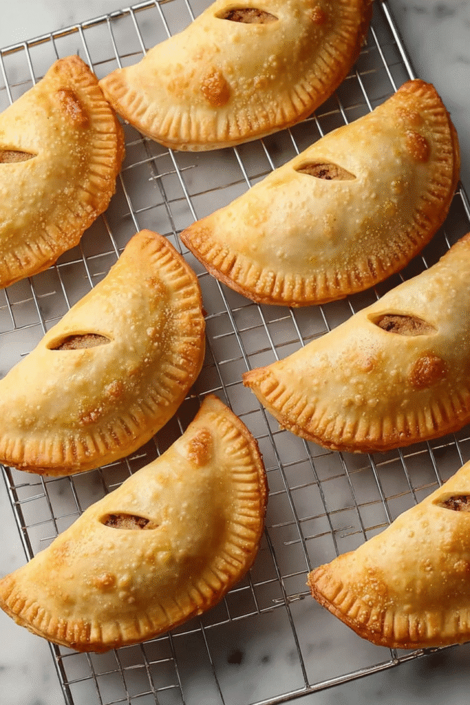 Golden mini apple pies cooling on a wire rack, featuring flaky crusts and vented tops.