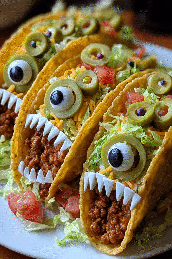 Monster tacos with fake teeth and olive eyeballs, filled with ground beef, lettuce, tomatoes, and cheese on a white plate.
