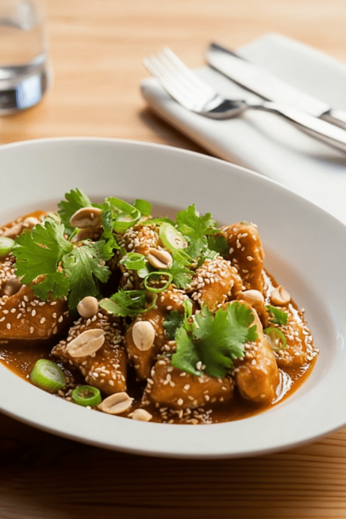 Plated peanut chicken with sesame and cilantro