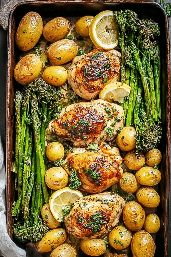 Sheet pan garlic butter chicken and veggies with potatoes, broccoli, and asparagus