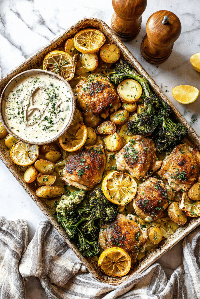 Sheet pan lemon garlic chicken thighs with roasted veggies and dipping sauce