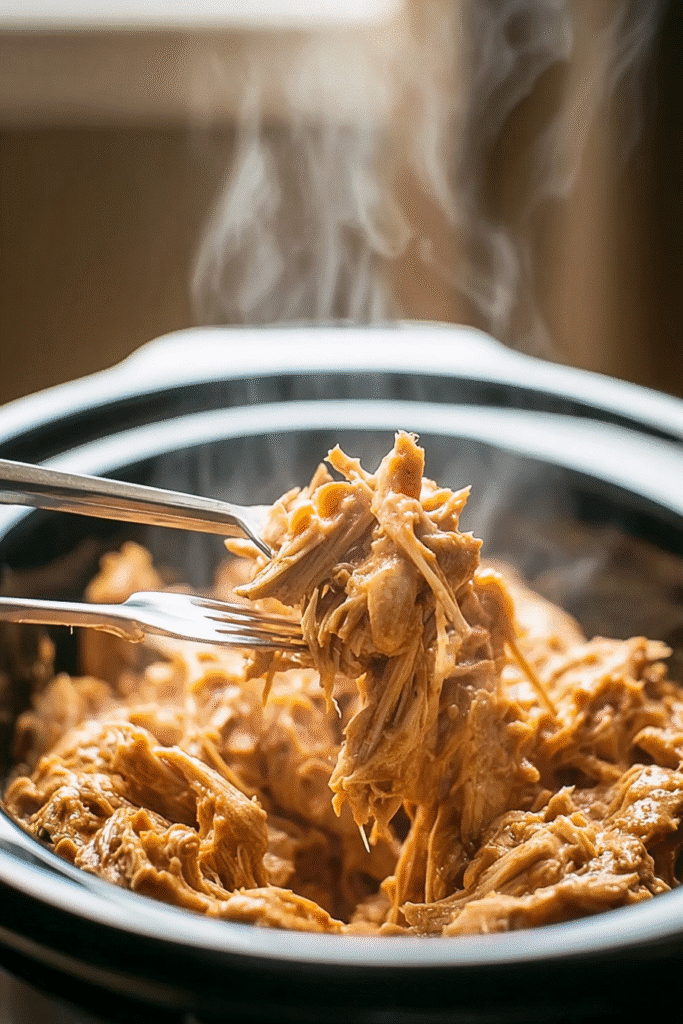 Shredded slow cooker peanut chicken with steam