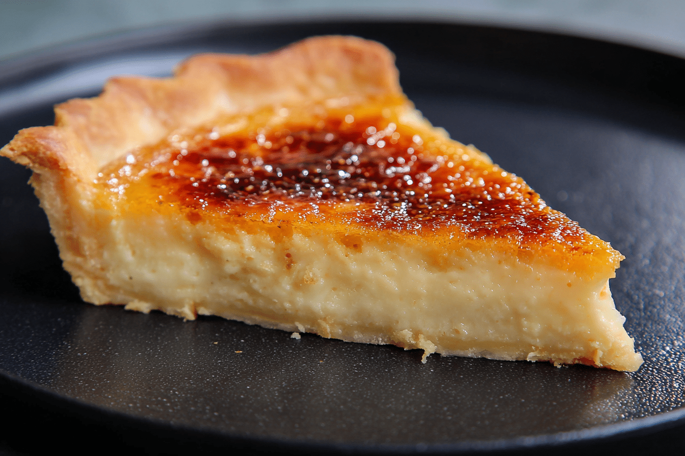Slice of Creme Brulee Pie with caramel top and creamy custard filling