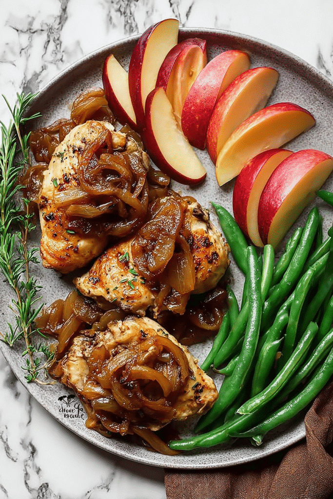 Plated skillet apple cider chicken topped with caramelized onions, fresh apple slices, and green beans on a white dish.