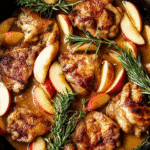 Skillet apple cider chicken with golden seared thighs, fresh apple slices, and rosemary sprigs in a rustic pan.