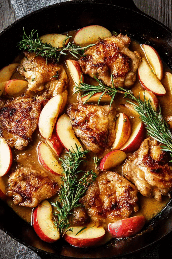 Skillet apple cider chicken with golden seared thighs, fresh apple slices, and rosemary sprigs in a rustic pan.
