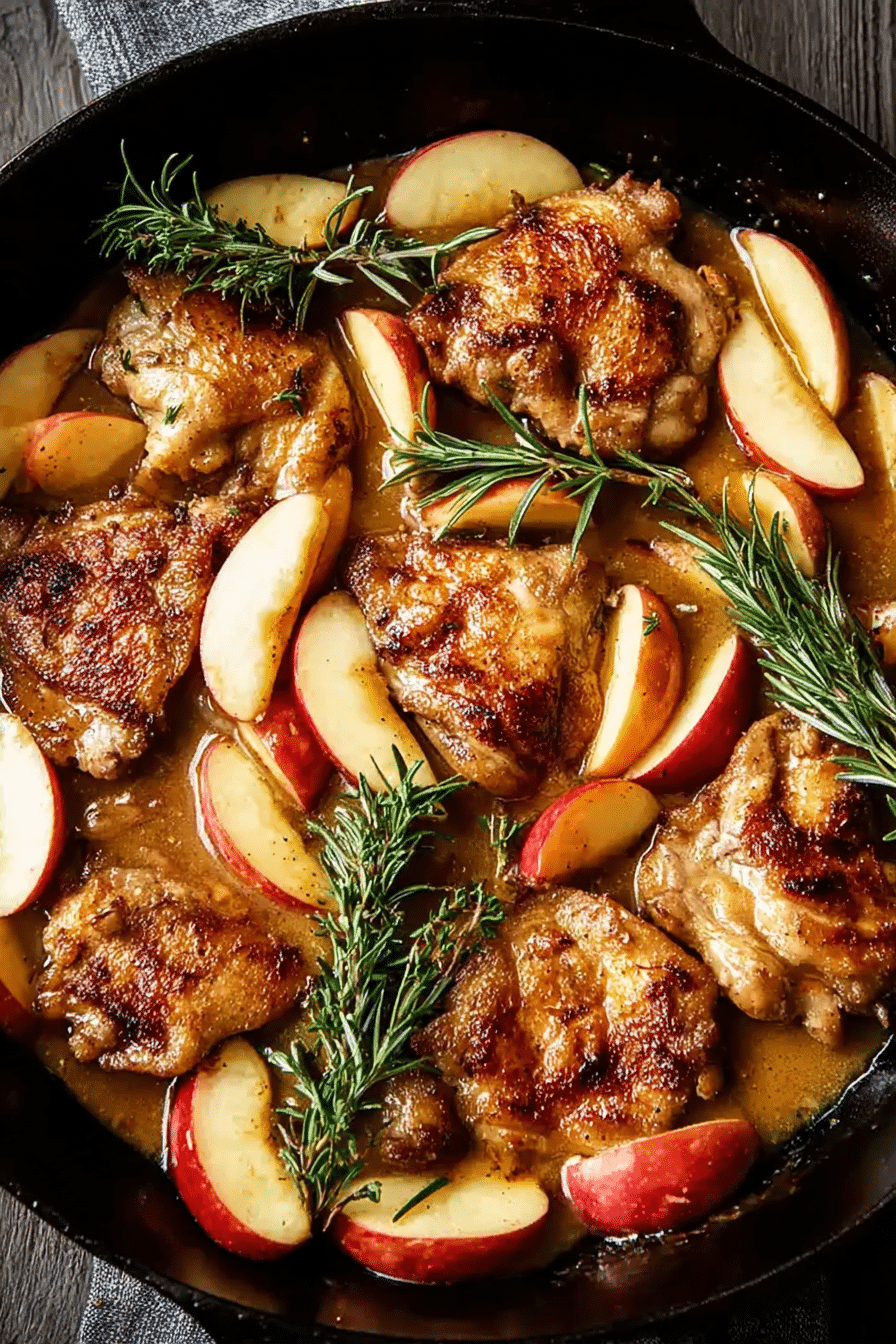 Skillet apple cider chicken with golden seared thighs, fresh apple slices, and rosemary sprigs in a rustic pan.