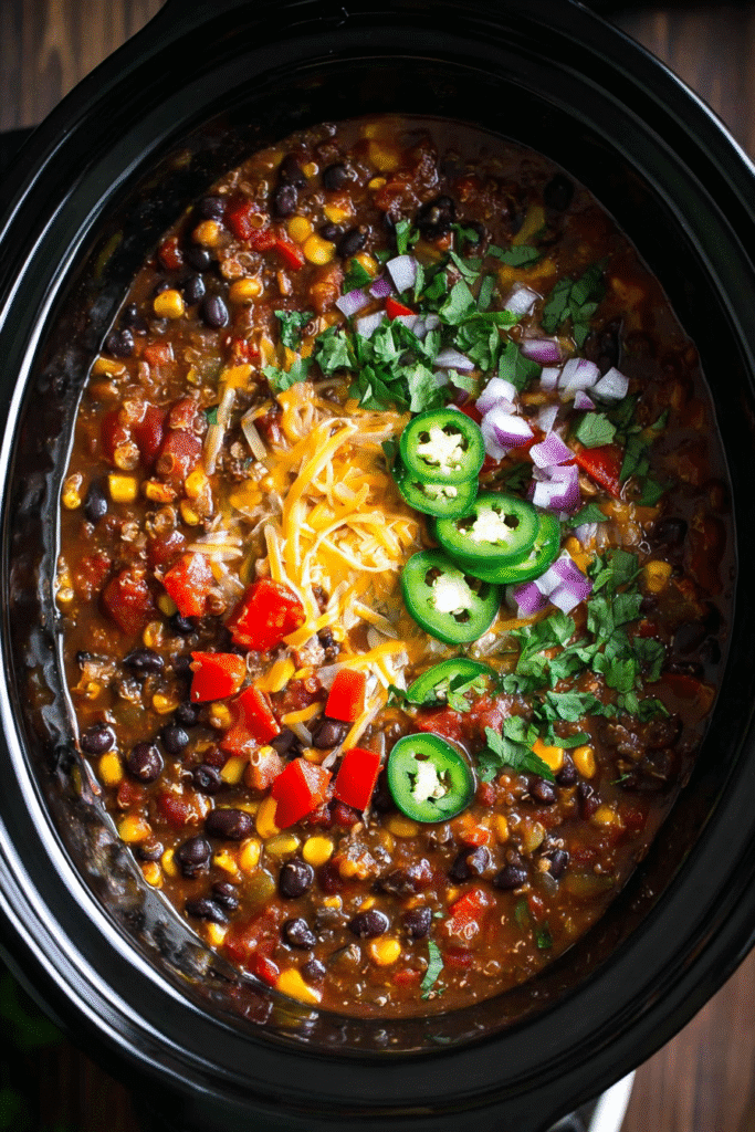 Slow cooker lentil taco chili topped with cheddar cheese, jalapeños, tomatoes, and cilantro in a crockpot.