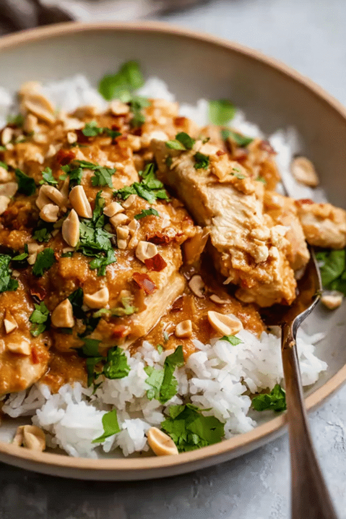 Slow cooker peanut chicken with rice and cilantro
