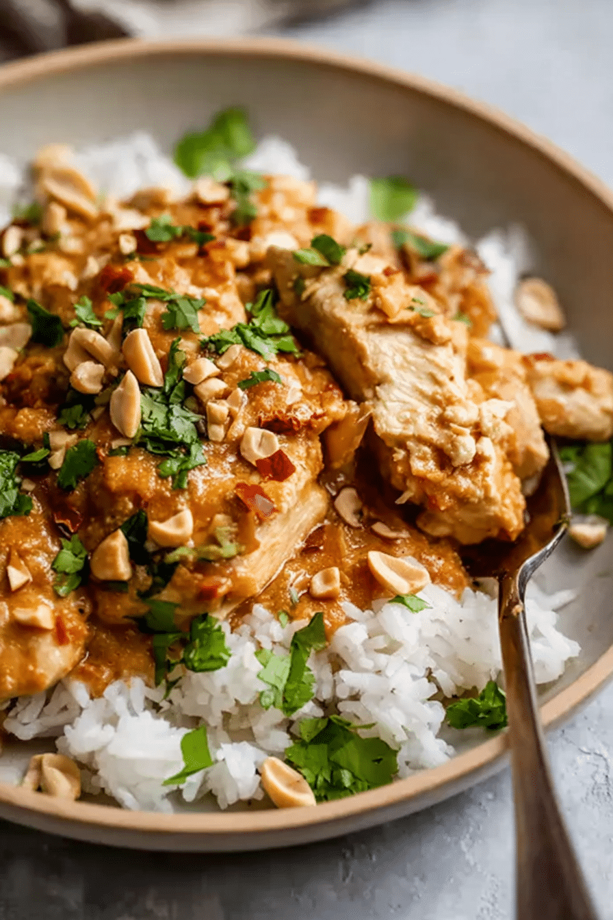 Slow cooker peanut chicken with rice and cilantro