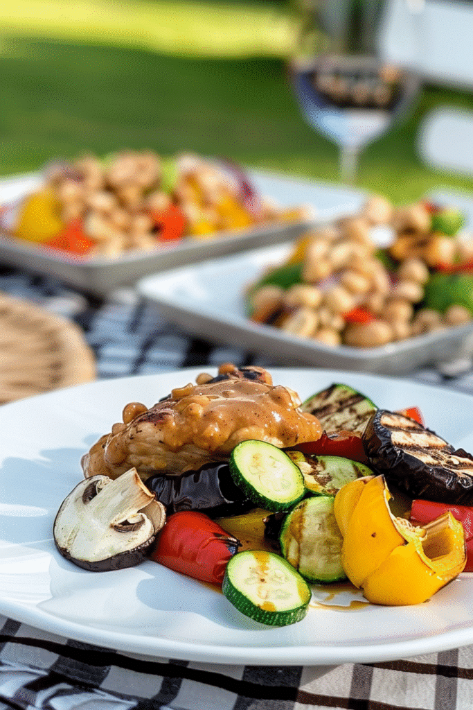 slow cooker peanut chicken with grilled vegetables in backyard dinner
