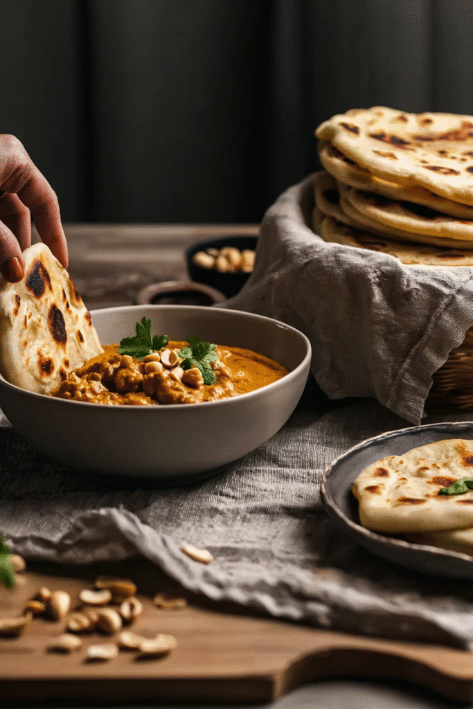 slow cooker peanut chicken with naan in cozy kitchen setting