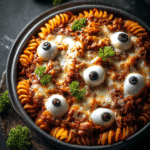 Eyeball Pasta Bake with mozzarella eyeballs and olives, spooky Halloween dinner idea.