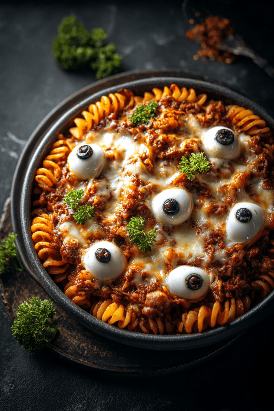 Eyeball Pasta Bake with mozzarella eyeballs and olives, spooky Halloween dinner idea.