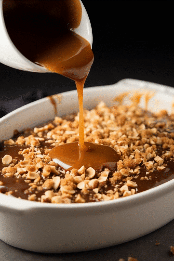 Cream cheese caramel apple dip topped with toffee bits and served with sliced apples