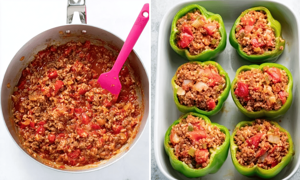 Ground beef and rice stuffing for stuffed bell peppers in a skillet, and pre-filled peppers arranged in a baking dish.