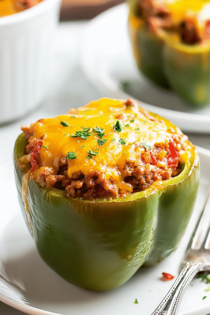 Stuffed bell pepper filling in skillet and peppers prepped with beef and rice mix.