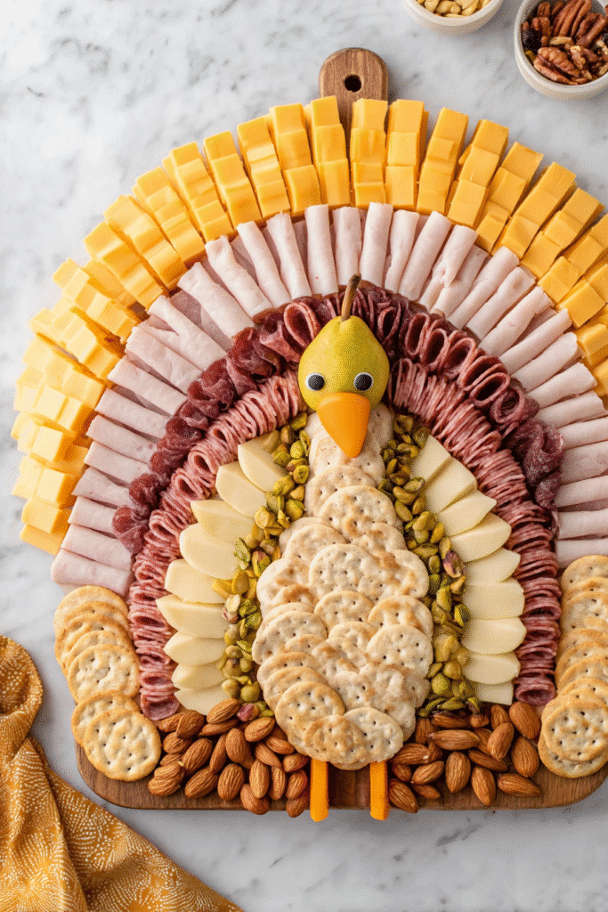 Thanksgiving charcuterie board with turkey-shaped pear centerpiece and layers of cheese meat and crackers