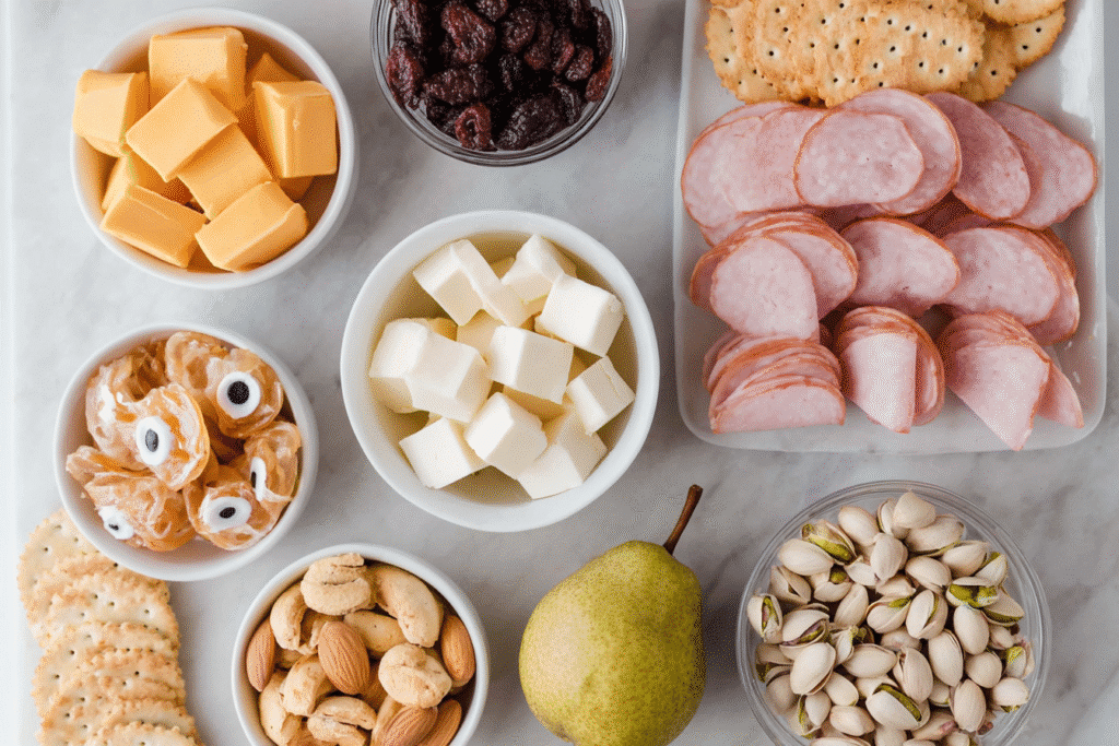 Ingredients for a Thanksgiving charcuterie board including cheese meats nuts and pear