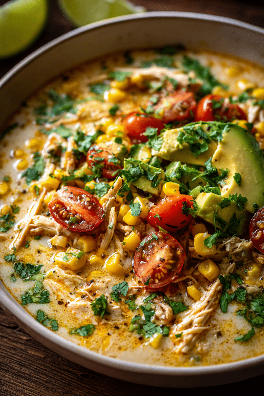 Creamy Mexican Street Corn White Chicken Chili with tender chicken