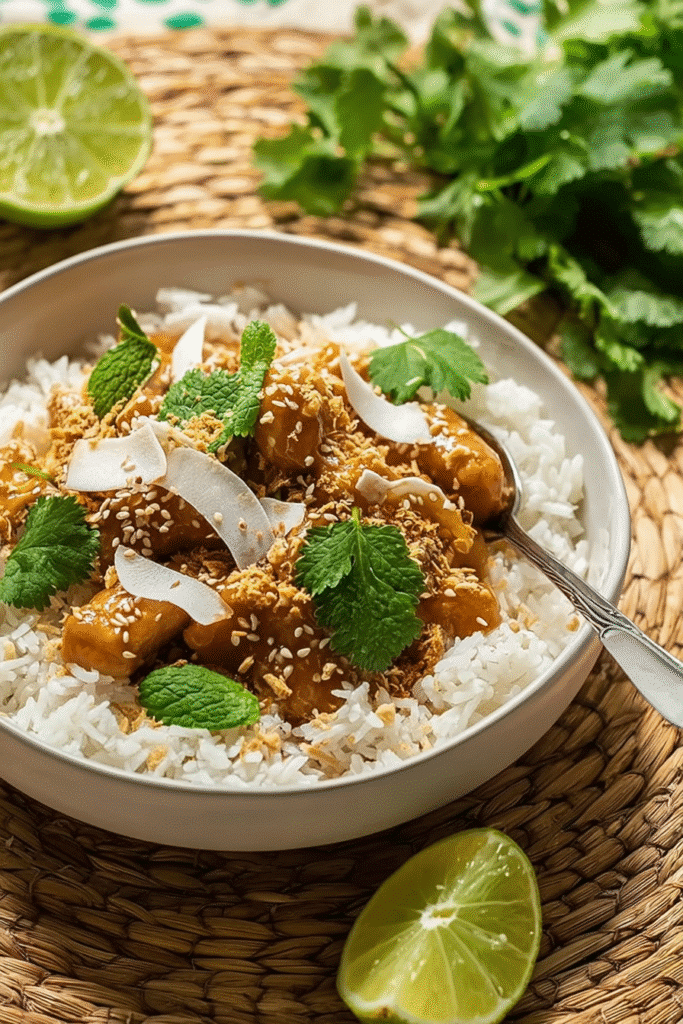 Peanut chicken with rice, coconut, sesame, and lime