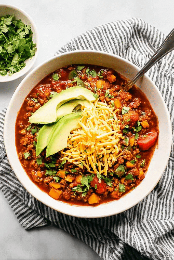 Bowl of hearty Turkey Sweet Potato Chili topped with cheddar cheese, avocado, and cilantro.