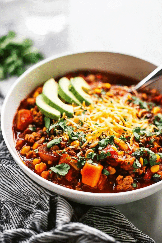 Overhead shot of Turkey Sweet Potato Chili topped with avocado, cheese, and cilantro.