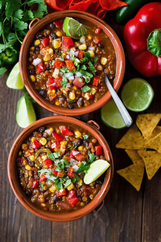 Two bowls of slow cooker lentil taco chili with fresh toppings and crushed chips, styled with lime and peppers.
