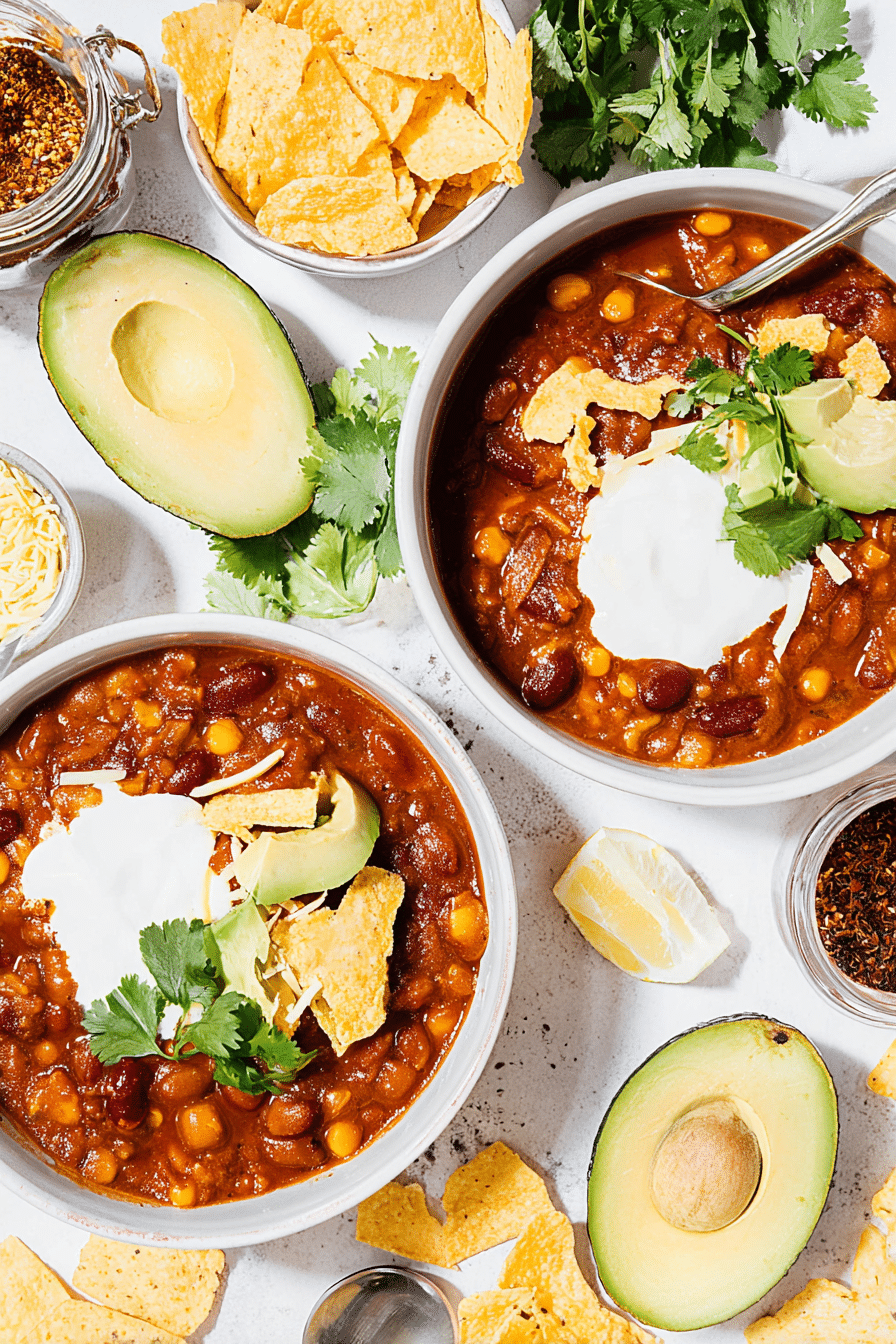 Bowls of vegetarian chili recipe topped with sour cream, avocado, cilantro, and tortilla chips.