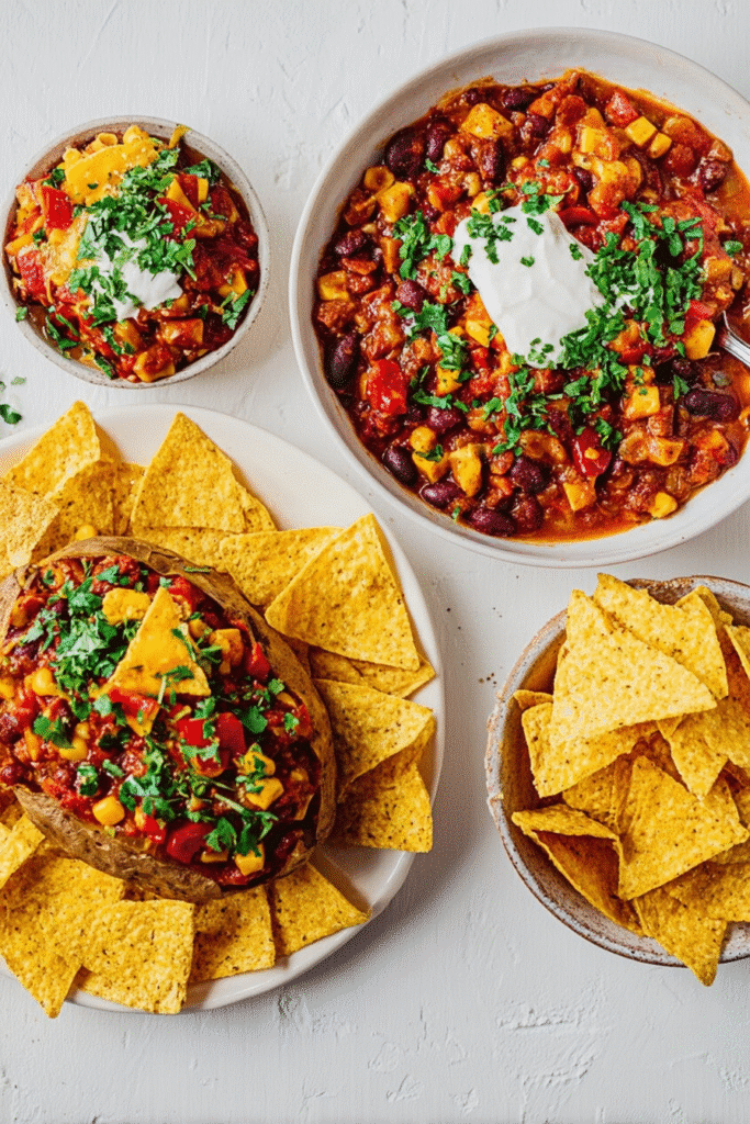 This vegetarian chili recipe is versatile and can be served on nachos, stuffed in a baked potato, or in a bowl with tortilla chips and sour cream.