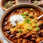 Bowl of pumpkin chili topped with cheddar cheese, sour cream, green onions, and pumpkin seeds — perfect for a cozy pumpkin chili recipe.