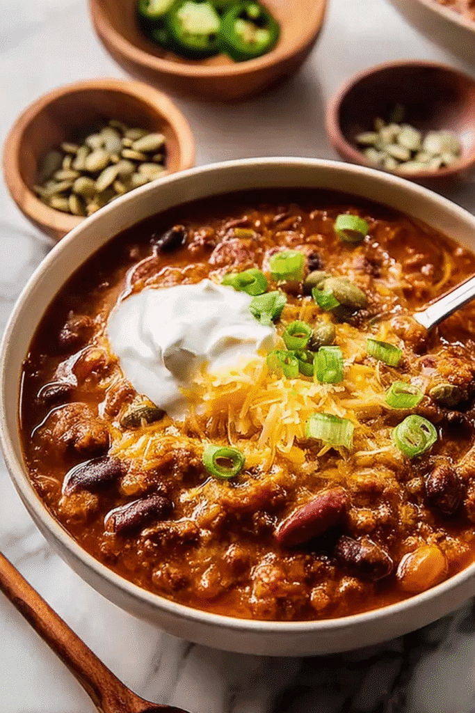 Bowl of pumpkin chili topped with cheddar cheese, sour cream, green onions, and pumpkin seeds — perfect for a cozy pumpkin chili recipe.