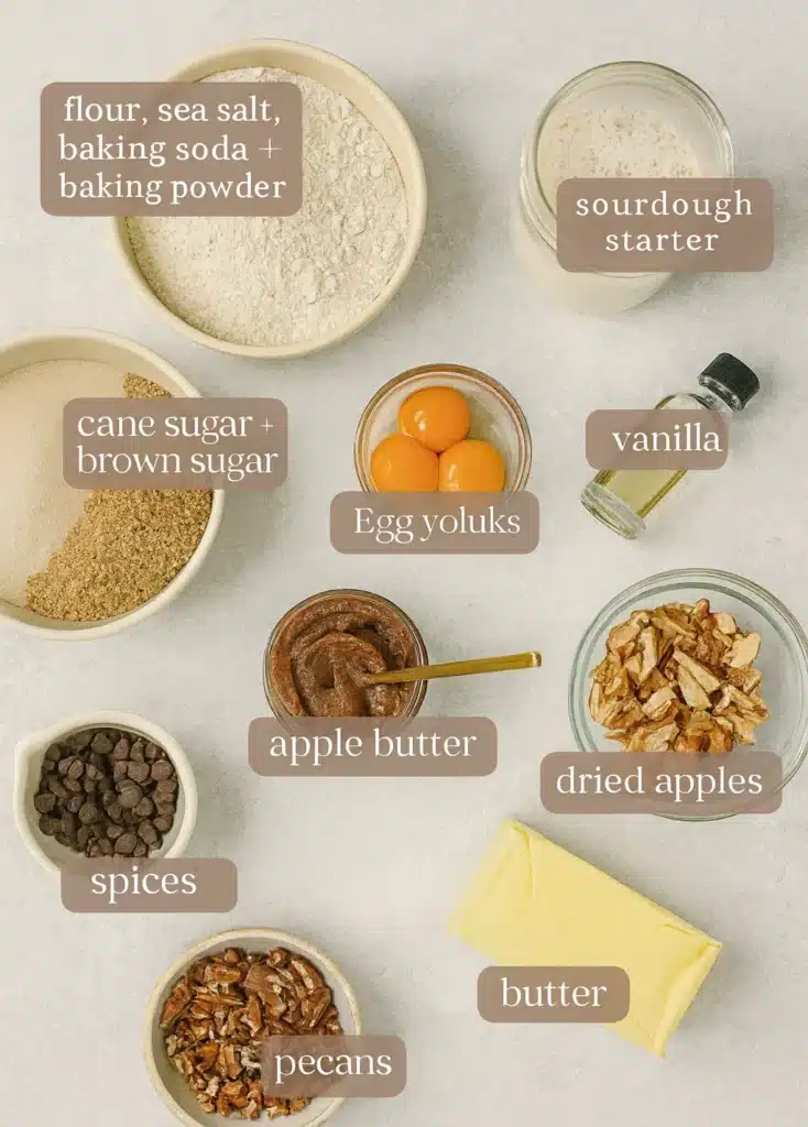 flat lay of labeled ingredients for apple cider caramel cookies