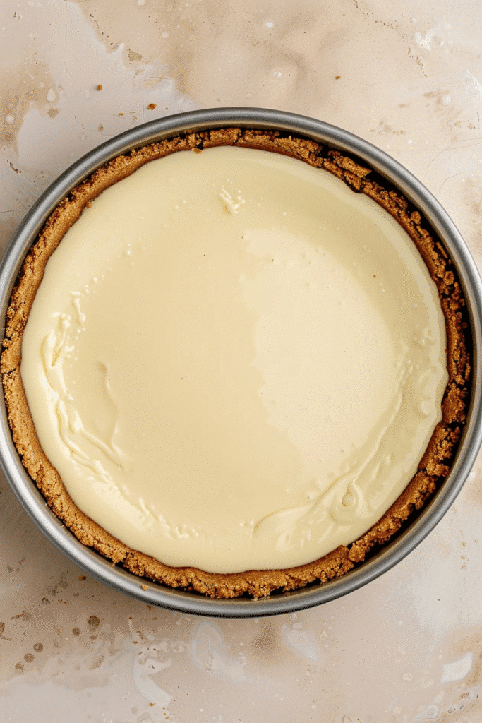 cheesecake batter in crust before baking