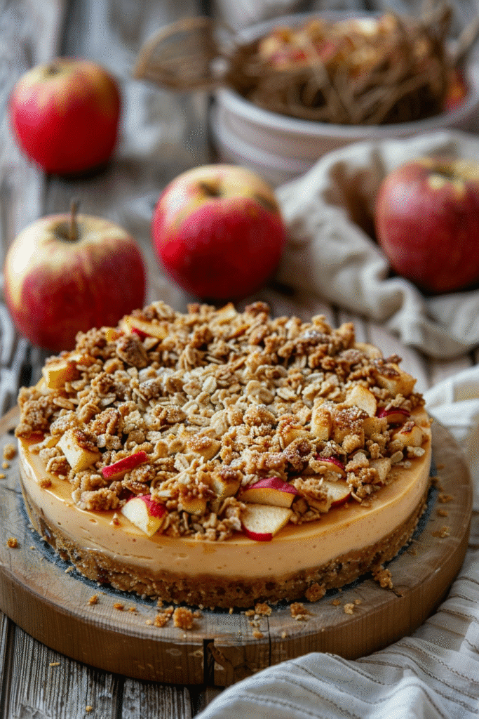 apple crumble cheesecake with red apples in background