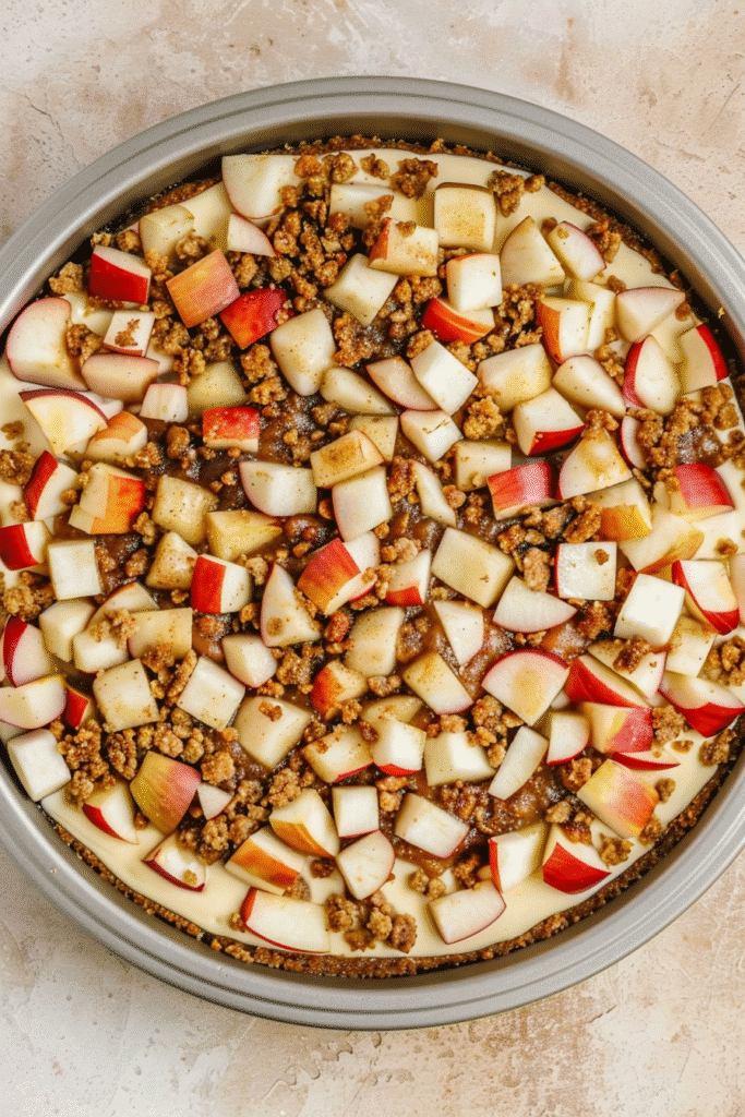 apple crumble cheesecake layered with cinnamon apples