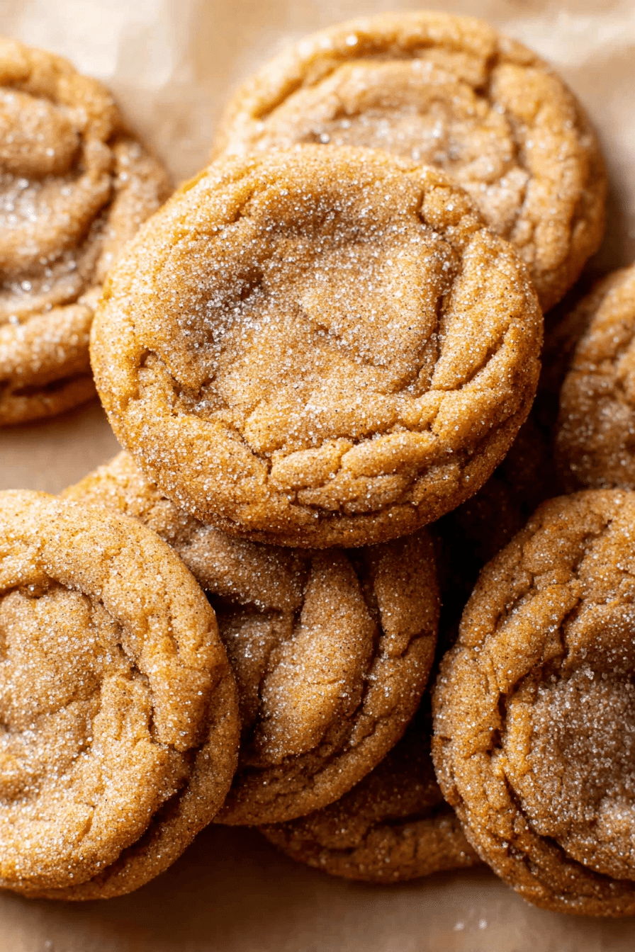 chewy pumpkin snickerdoodle cookies with sugar coating on parchment paper