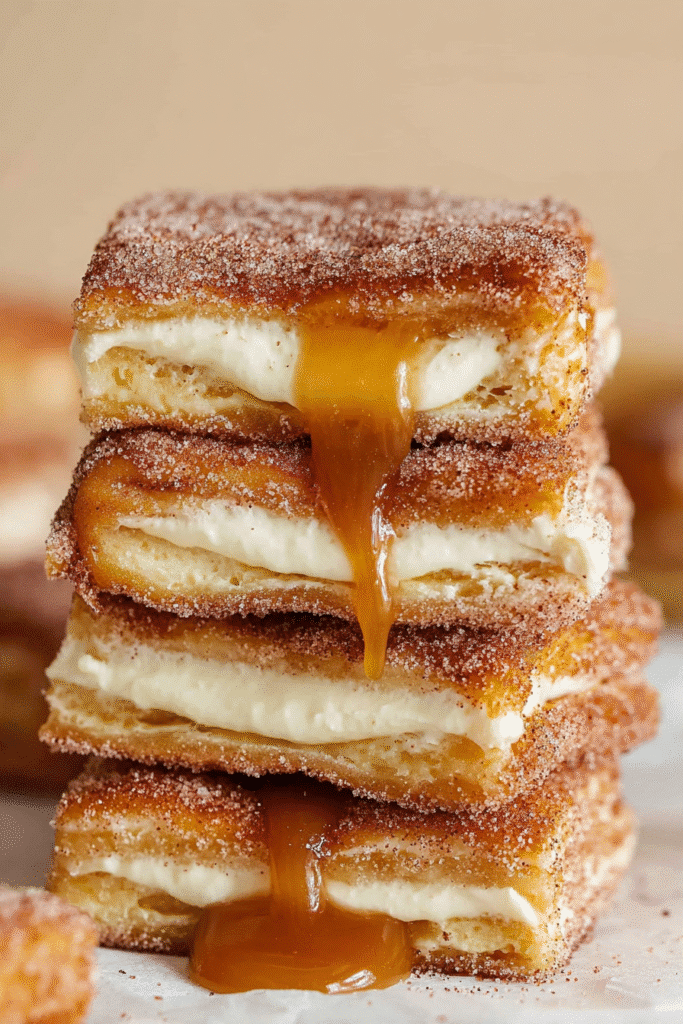 stacked churro cheesecake bars with caramel drizzle
