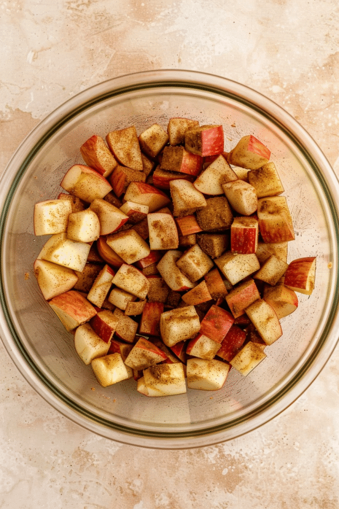 diced apples in cinnamon sugar for apple crumble cheesecake