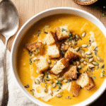 butternut squash soup with croutons and seeds in white bowl
