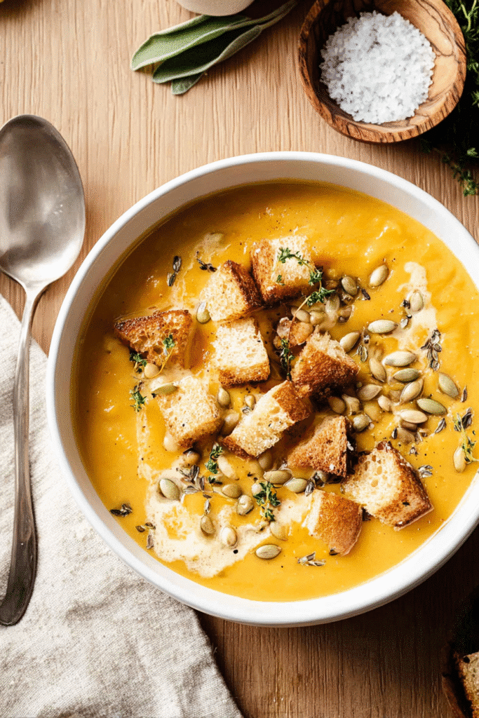 butternut squash soup with croutons and seeds in white bowl