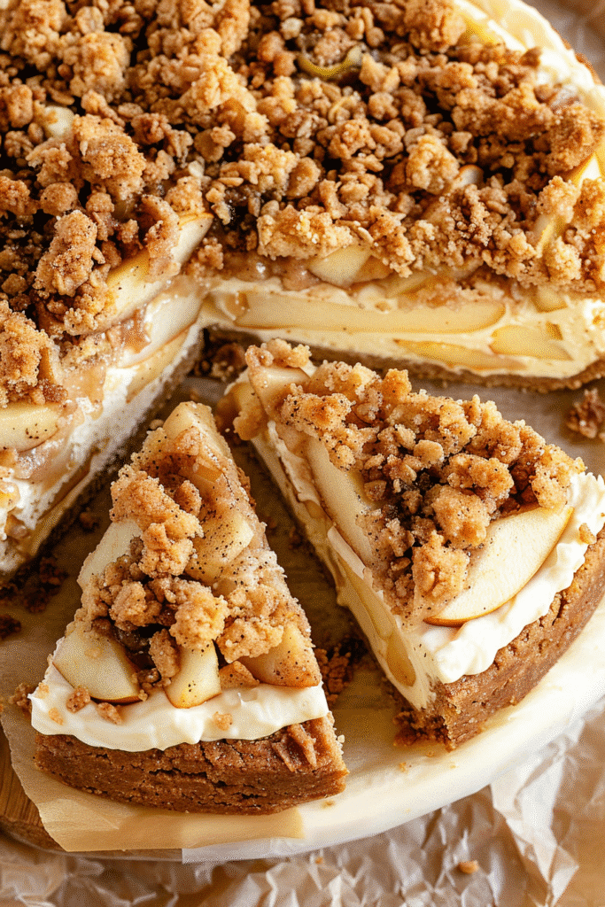 sliced apple crumble cheesecake with golden topping