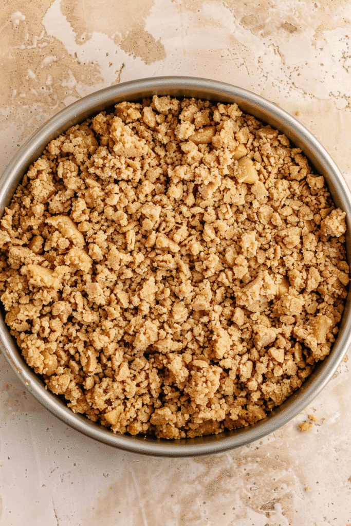 unbaked apple crumble cheesecake with golden topping